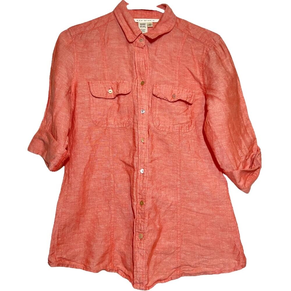 Max Studio Linen Button Up Top Long Sleeve  Salmon Orange Small